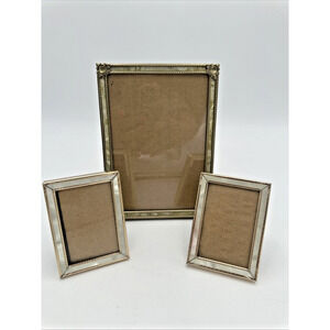 3 Vintage Brass Photo Frames Set Pearl Inlay Edges 5x7, 2- 2.5x3.5 Shiny Edges
